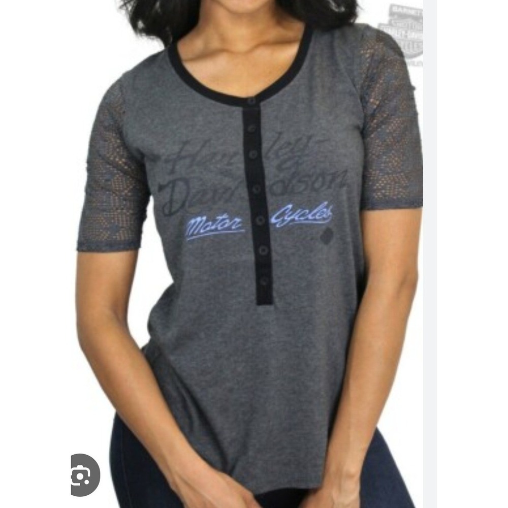 Harley-Davidson Henley Top XL Gray Mesh Lace Sleeve Graphic Biker Moto Goth Alt